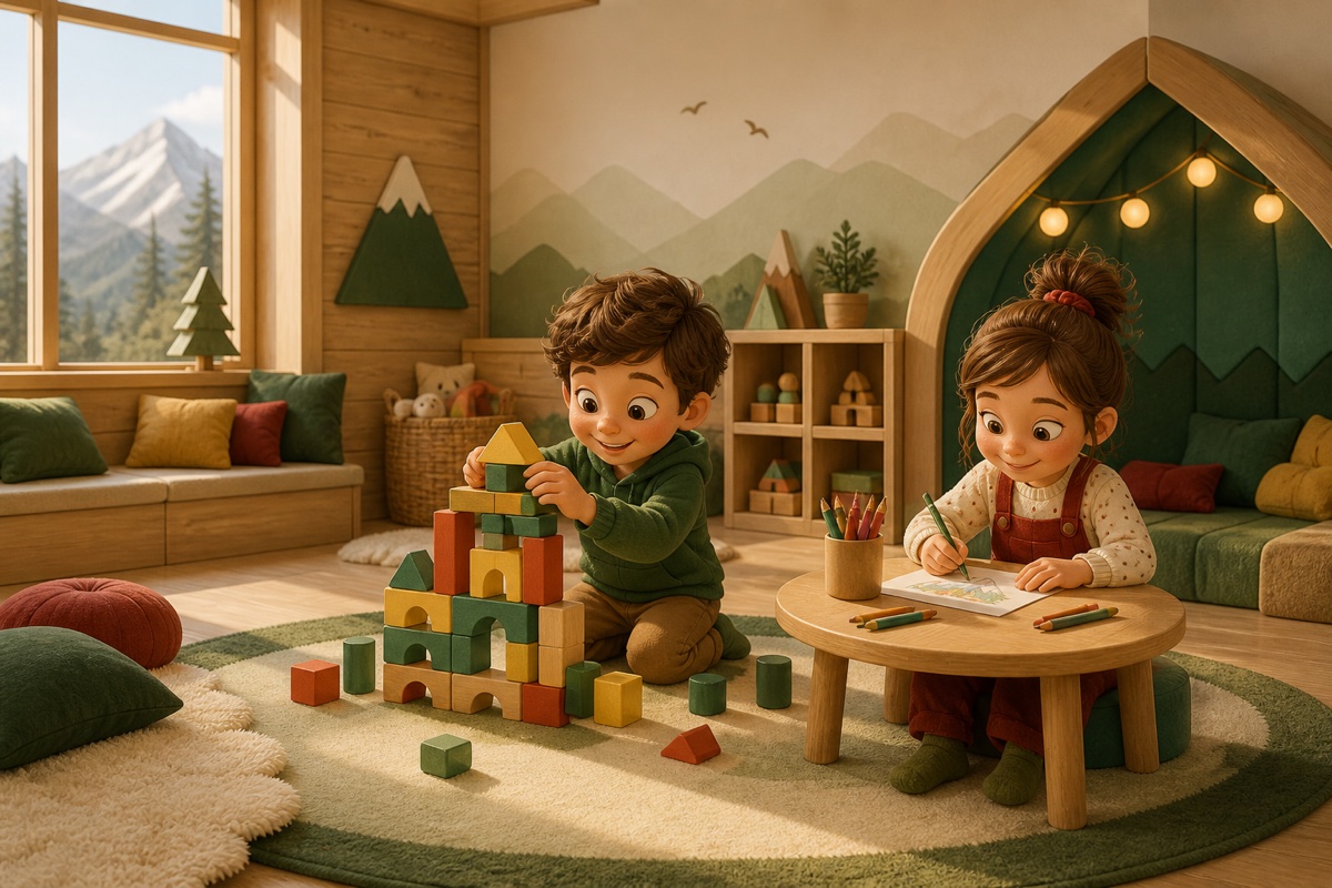 Visualisierung von zwei Kindern beim Bauen und Zeichnen in einem gemütlichen Spielraum