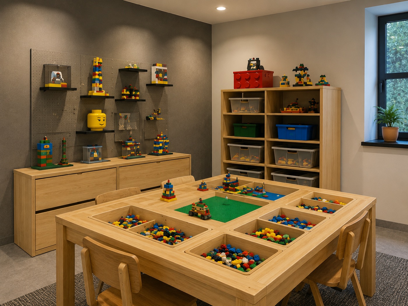 Visualisierung eines hellen LEGO-Baubereichs mit großem Holztisch